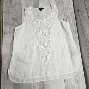 August Silk Linen White Sleeveless Blouse Top Embroidered Scroll Details XL Boho